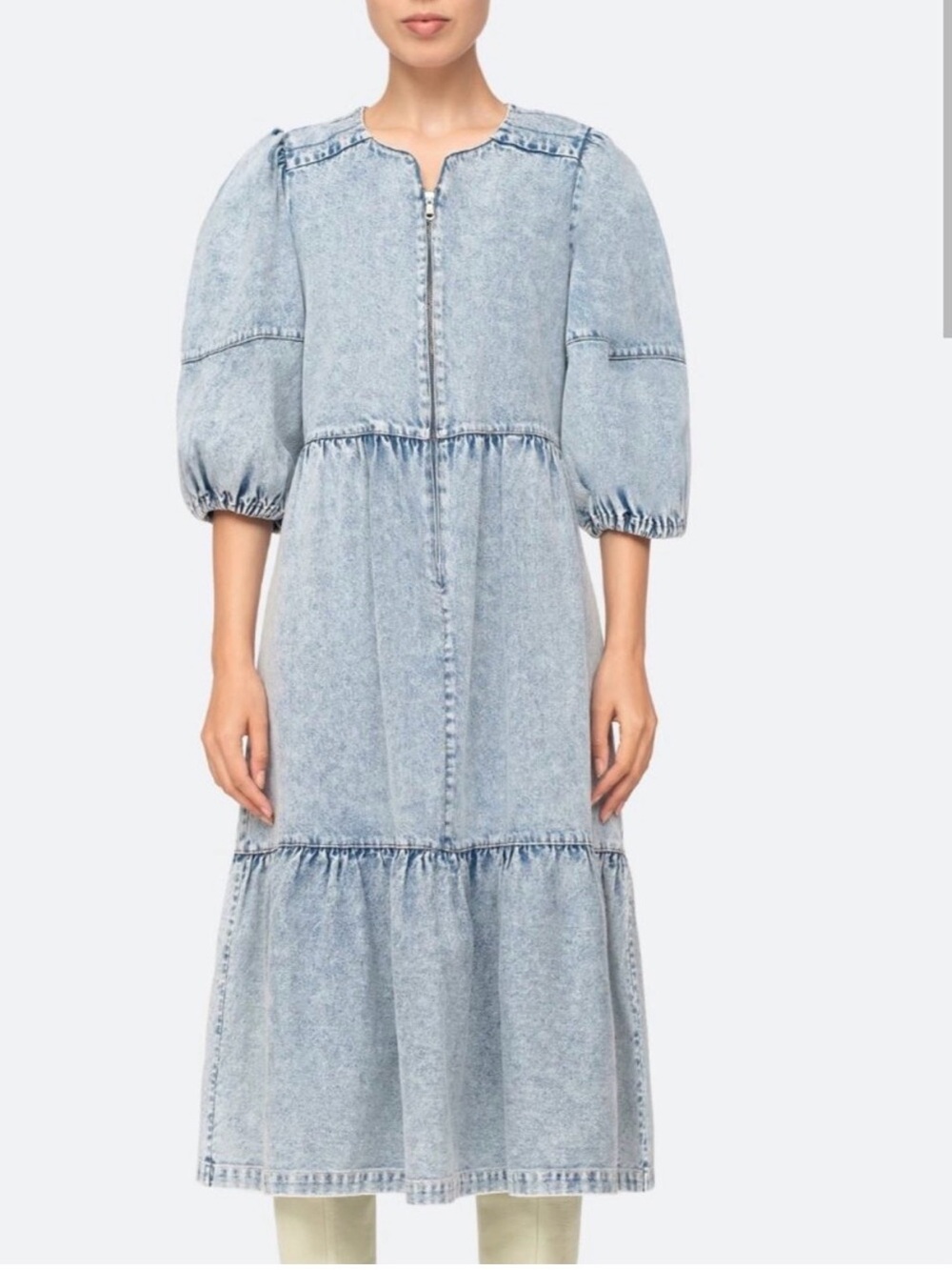 Sea New York Light Wash Denim Midi Dress with Puff Sleeves